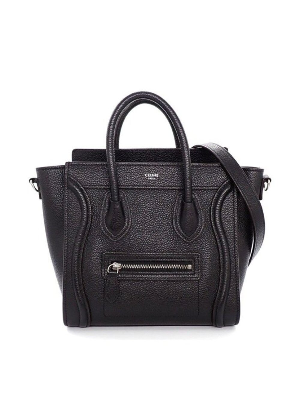 Celine Shoulder Bag Luggage Nano Black Drummed Calfskin Silver